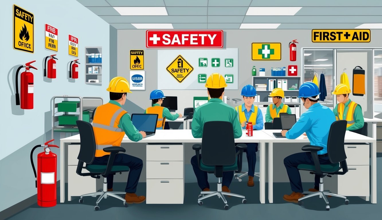 A busy office with safety signs, fire extinguishers, and first aid kits on the walls.</p><p>Workers wearing hard hats and safety gear