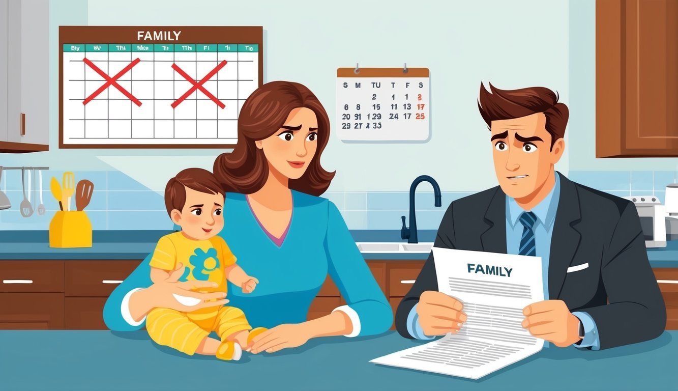 A family sitting at a kitchen table, with a calendar on the wall showing dates crossed out.</p><p>A woman is holding a baby, while a man looks stressed and is reading a legal document