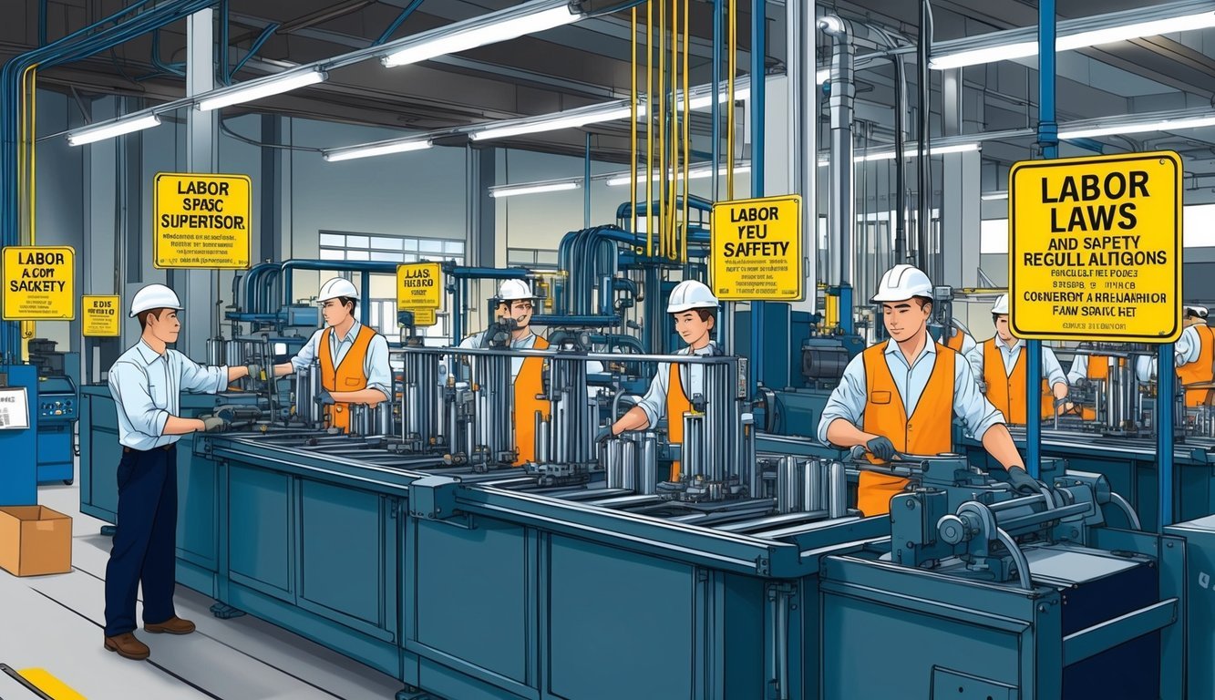 A busy factory floor with workers operating machinery under the watchful eye of a supervisor.</p><p>Signs displaying labor laws and safety regulations are prominently displayed