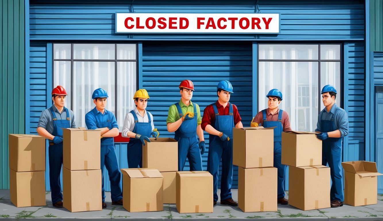 A group of workers stand outside a closed factory, looking dejected as they pack up their belongings in cardboard boxes