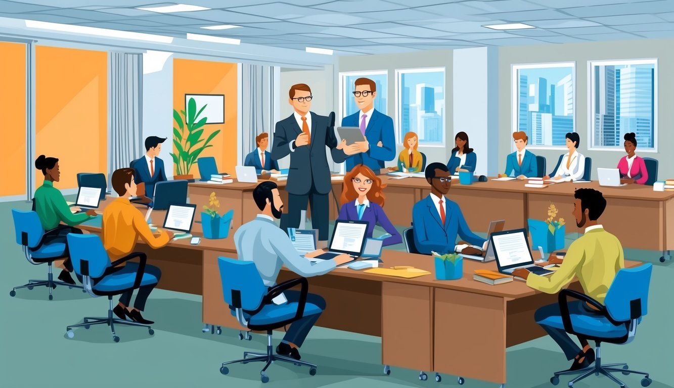 A busy office with diverse employees working at desks and meeting in conference rooms, while a human resources manager reviews labor and employment laws