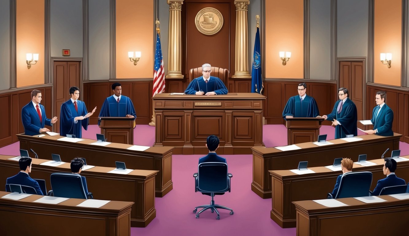 A courtroom with a judge's bench, witness stand, and opposing legal teams presenting arguments