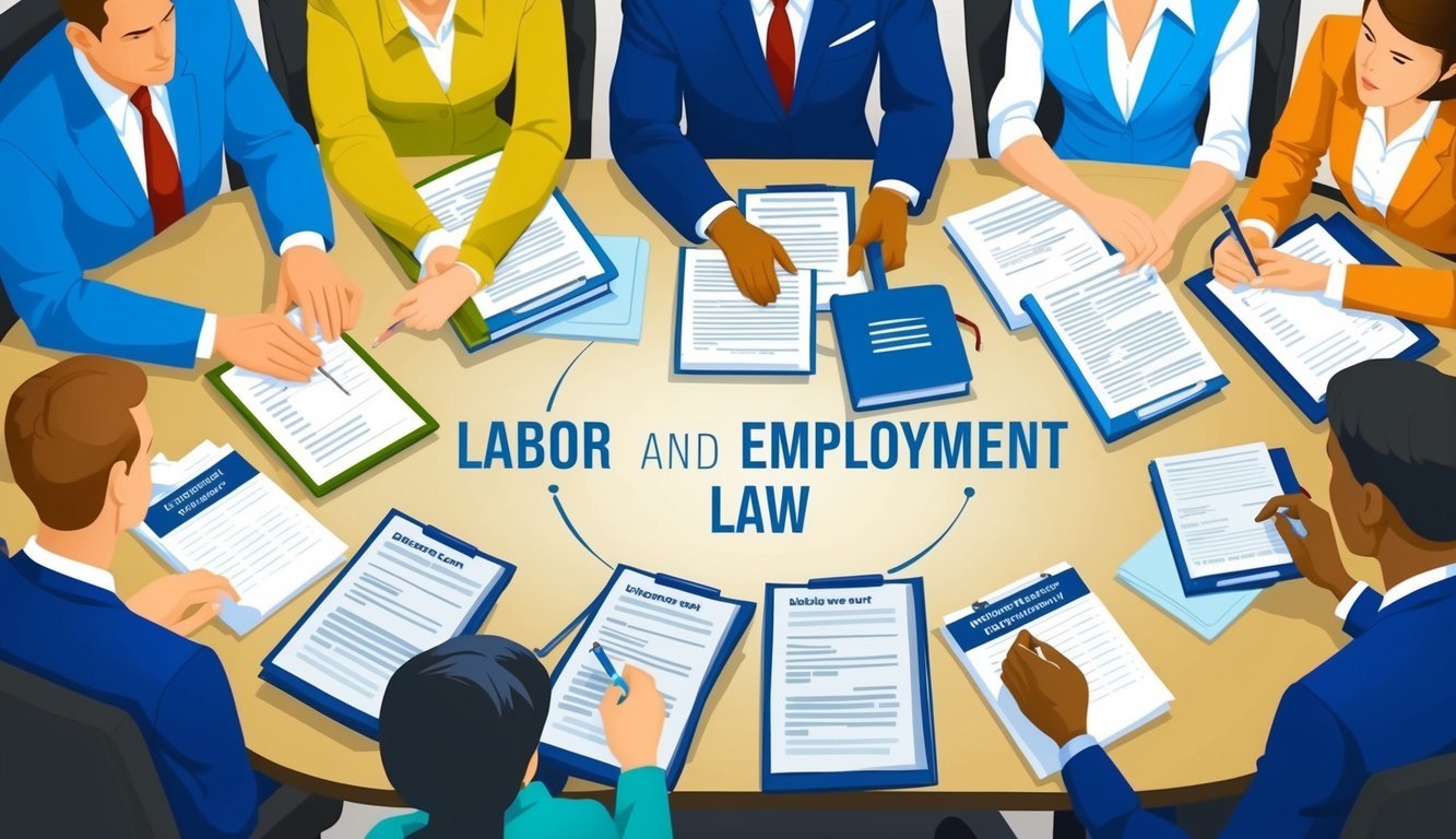 A group of people gathered around a table, discussing labor and employment law.</p><p>Documents and legal books are spread out, with a sense of seriousness and focus in the air