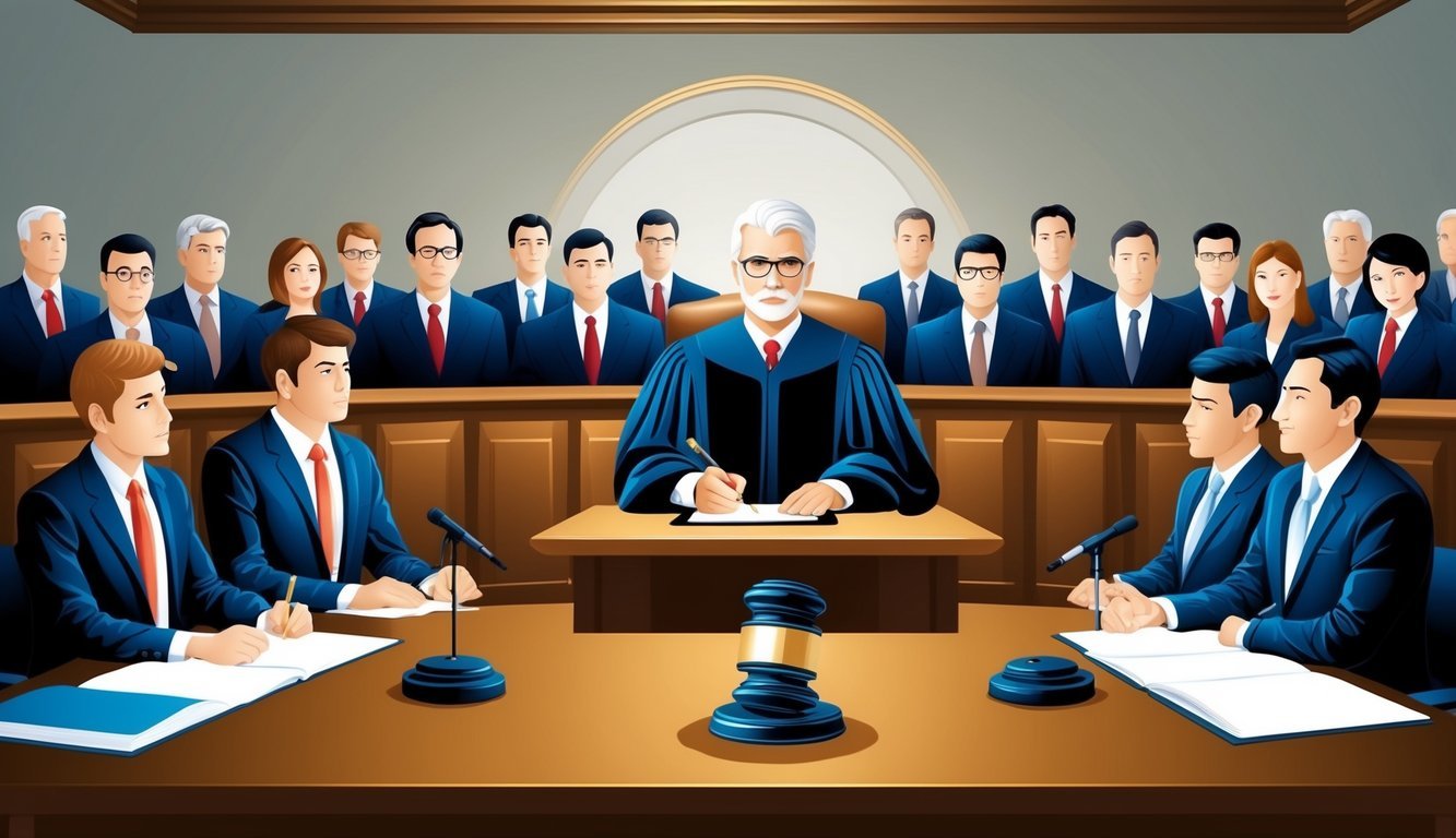 A courtroom with a judge presiding over a case related to intellectual property rights and enforcement.</p><p>Lawyers present arguments while the jury listens attentively