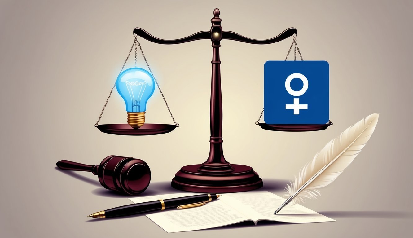 A scale balancing a light bulb and a copyright symbol, surrounded by a gavel and a quill pen