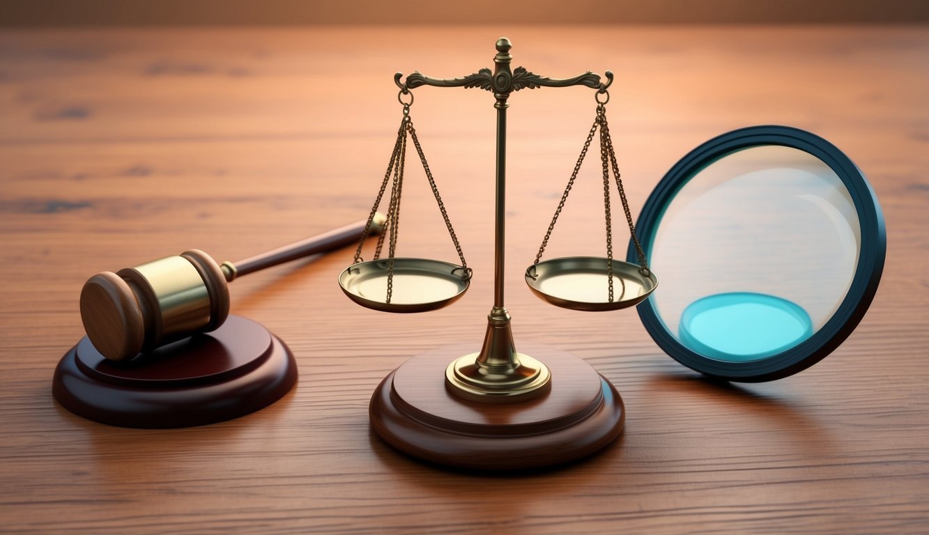 A scale with a balance of justice, a magnifying glass, and a gavel on a wooden desk