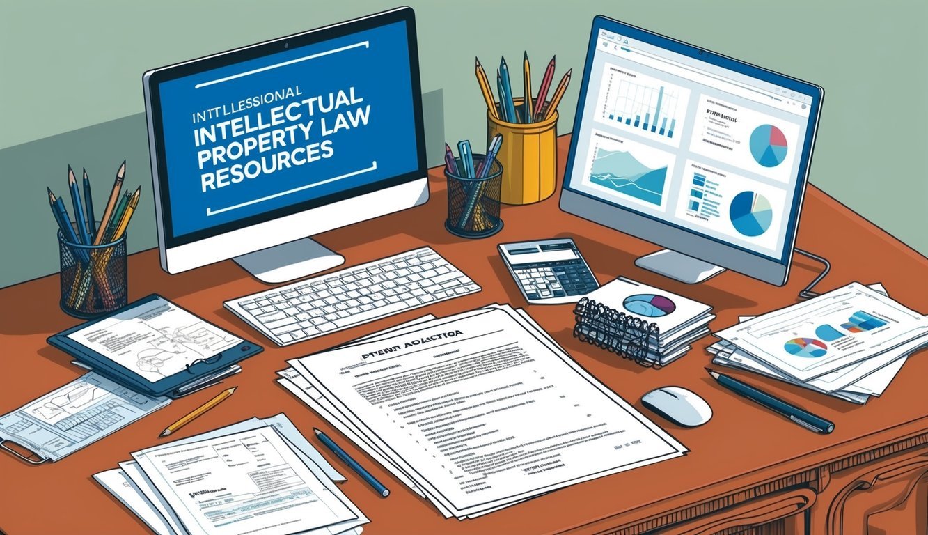 A cluttered desk with a patent application, technical drawings, and a computer displaying intellectual property law resources