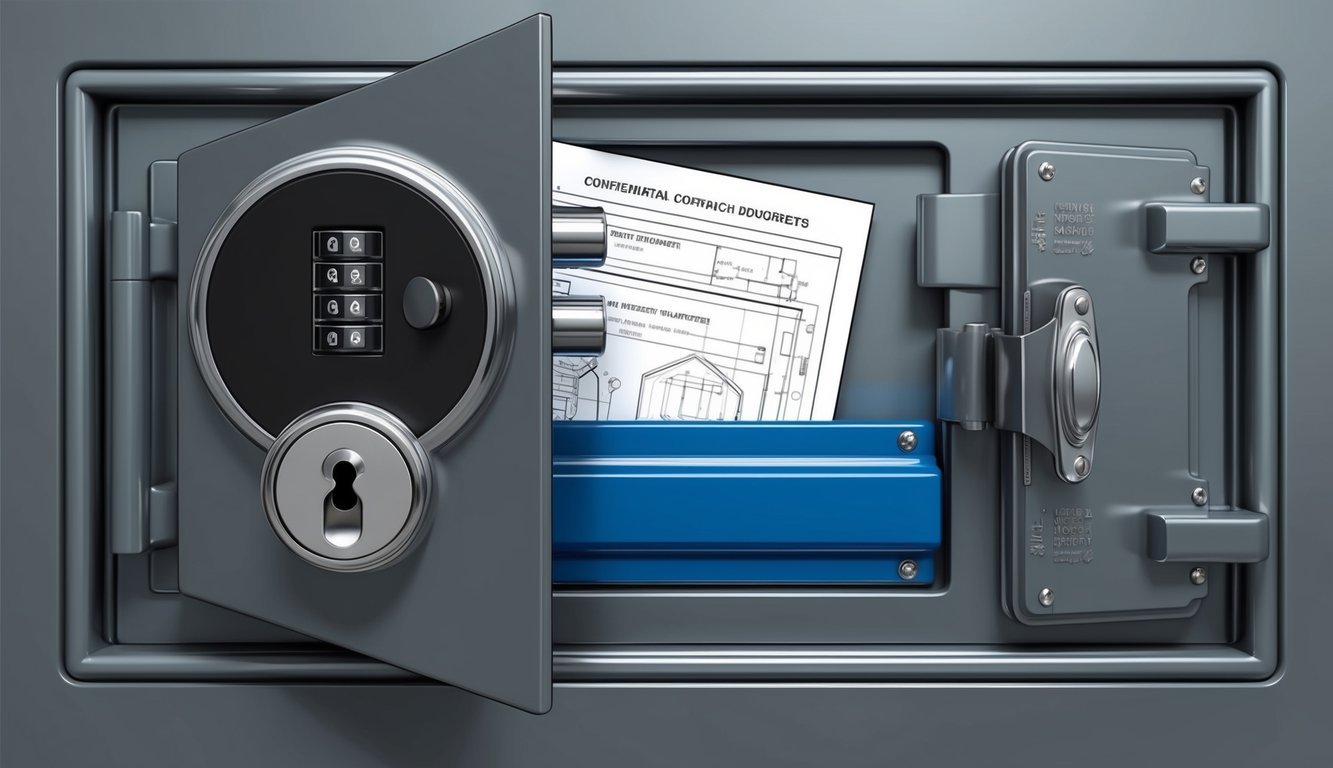 A secure vault with a combination lock, containing confidential documents and technological blueprints