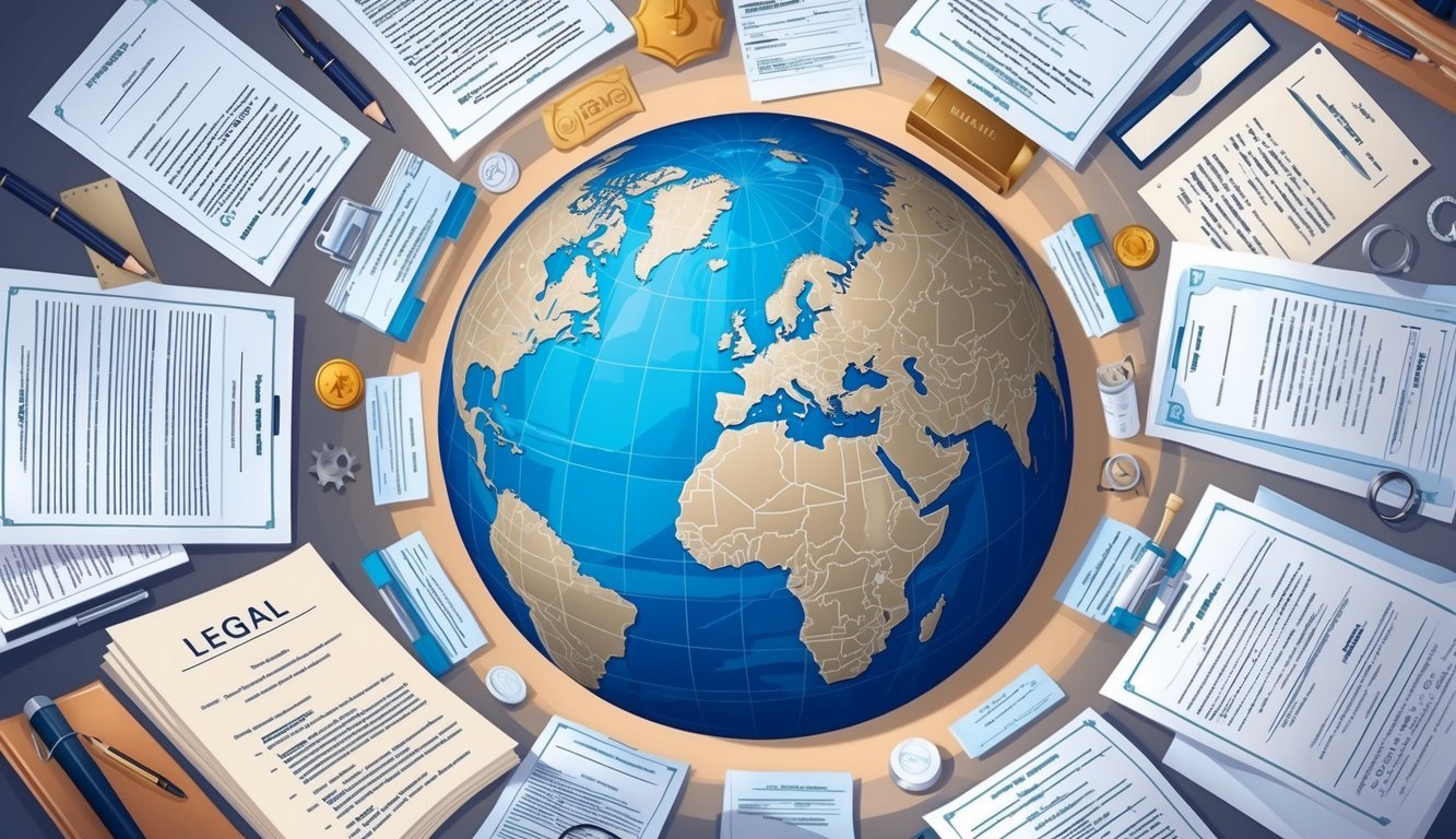 A globe surrounded by legal documents, patents, trademarks, and copyrights, symbolizing the global impact of intellectual property in international trade