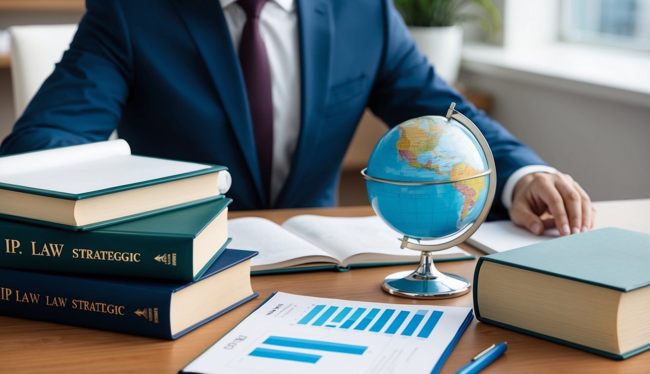 A businessman strategizing with IP law books and a globe on the desk