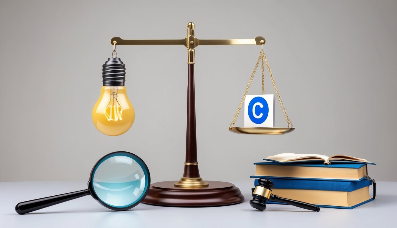 A scale balancing a lightbulb and a copyright symbol, surrounded by a gavel, a book, and a magnifying glass