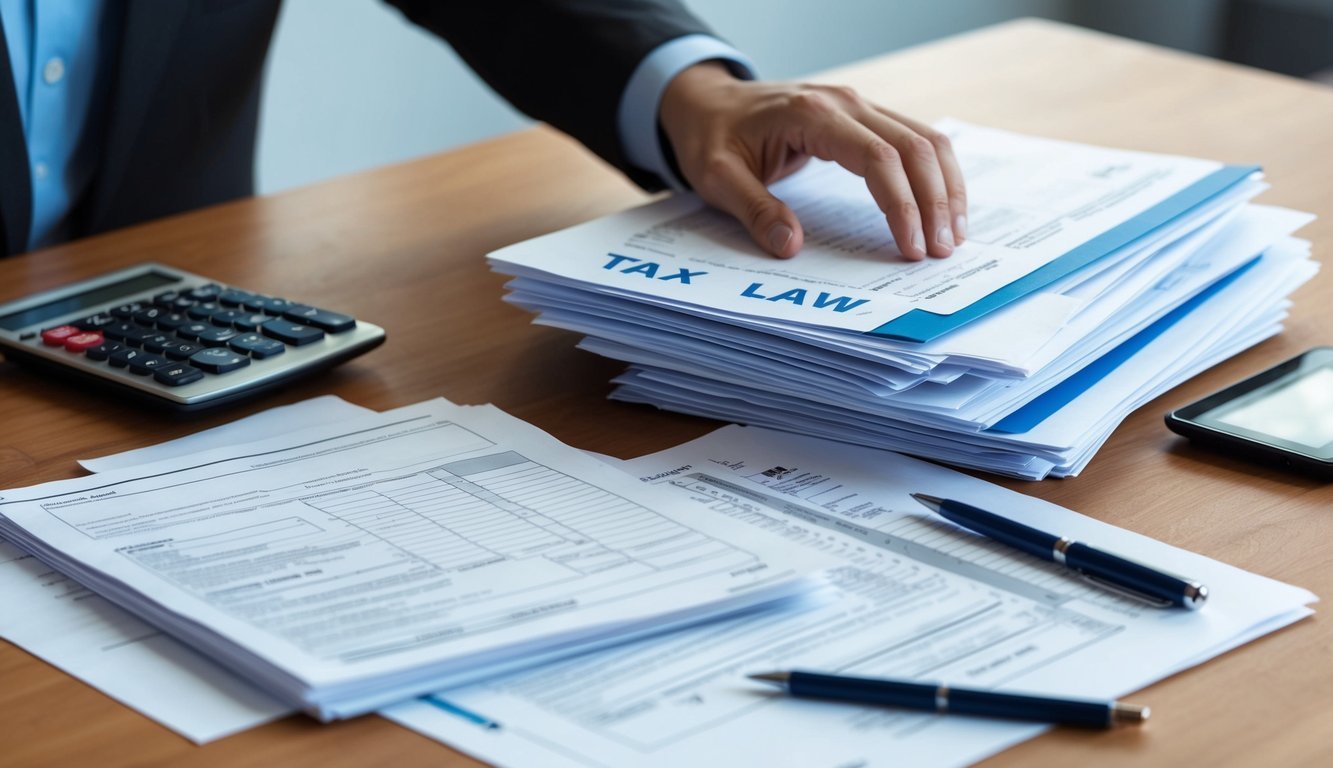 A stack of tax forms and documents spread out on a desk, alongside a calculator and pen.</p><p>A person's hand reaching for a folder labeled "Tax Law."