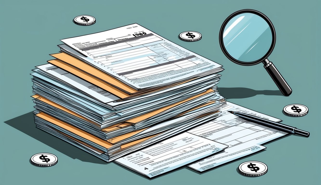 A stack of tax forms surrounded by dollar signs and a magnifying glass