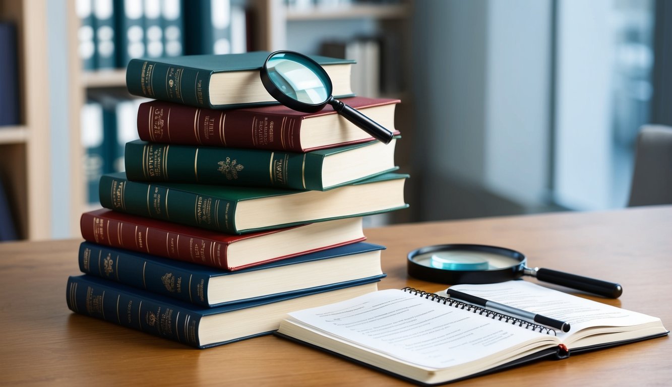 A stack of tax law books with a magnifying glass and a notebook open to a page of frequently asked questions