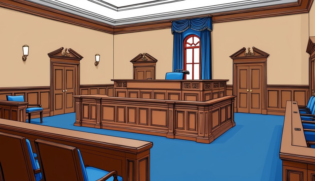 A courtroom with a judge's bench, witness stand, and jury box