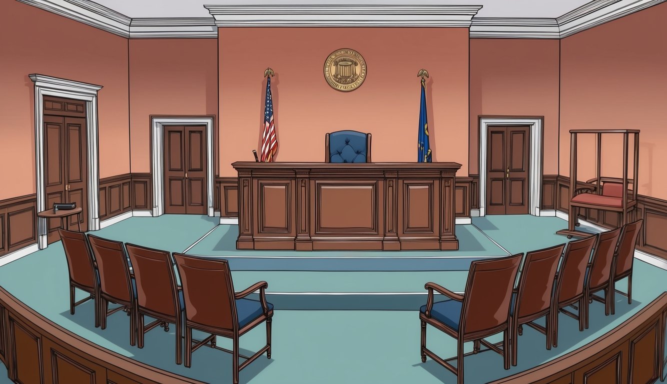 A courtroom with a judge's bench, witness stand, and jury box