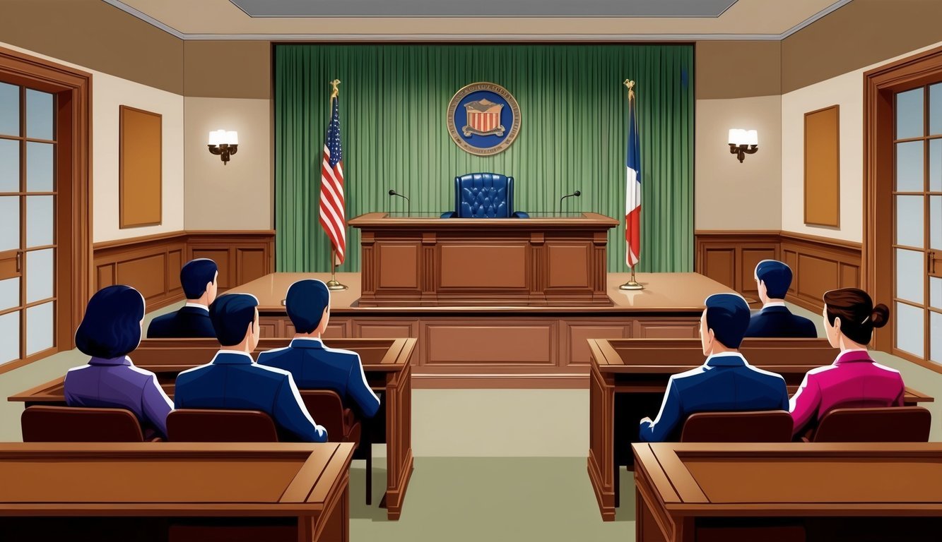 A courtroom with a judge's bench, witness stand, and seating for lawyers and jurors