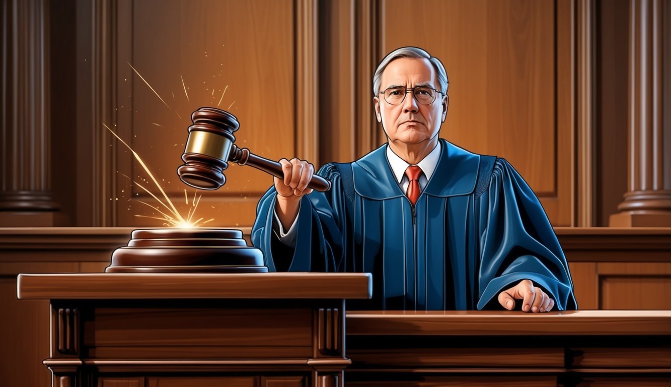 A judge's gavel strikes a wooden desk in a courtroom, as a defendant stands solemnly before them