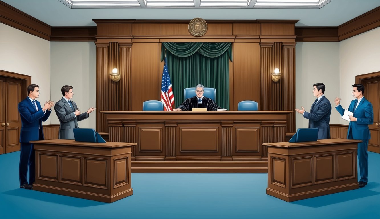 A courtroom with a judge's bench, witness stand, and jury box, with lawyers presenting evidence and arguing their cases