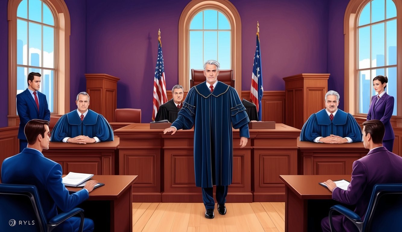 A courtroom scene with a judge, lawyers, and defendant