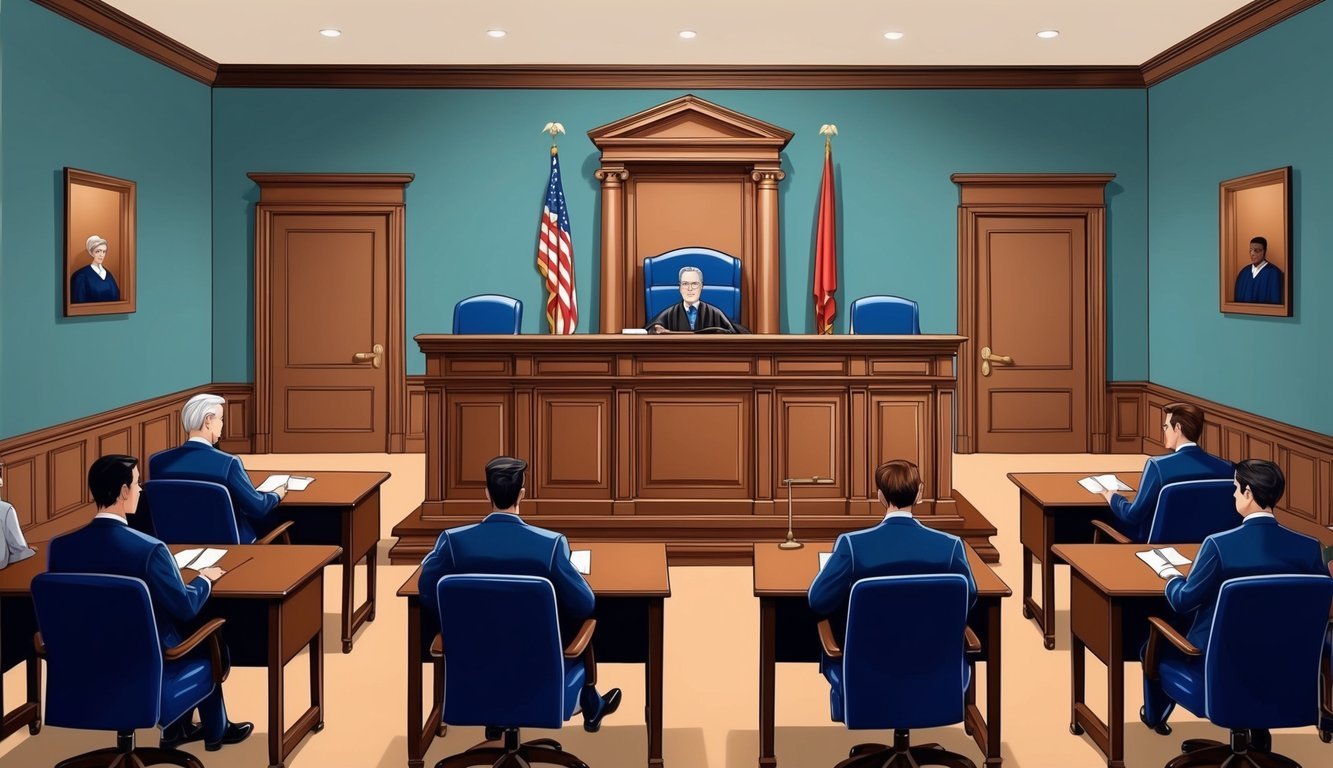 A courtroom with a judge's bench, witness stand, and jury box, with lawyers and defendants seated at tables