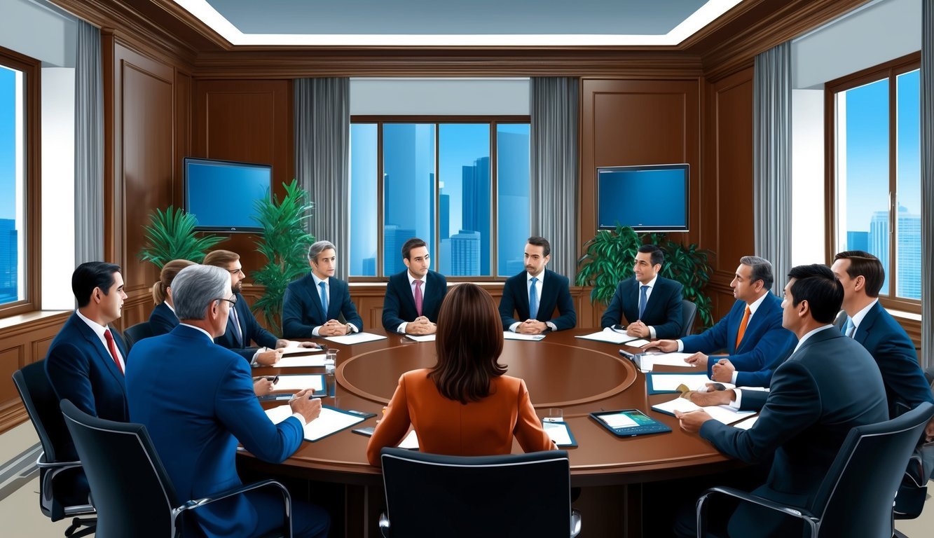 A boardroom meeting with lawyers and investors discussing private equity law and leveraged buyouts