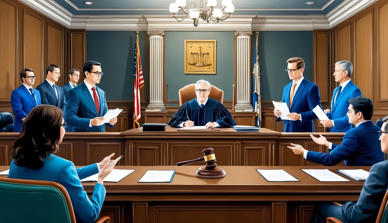 A courtroom with a judge presiding over a case involving a leveraged buyout and private equity law, with lawyers presenting arguments and evidence