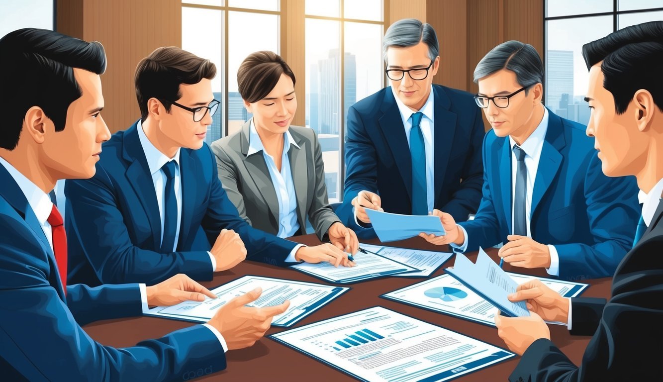 A group of business professionals discussing and analyzing financial documents and legal contracts in a boardroom setting