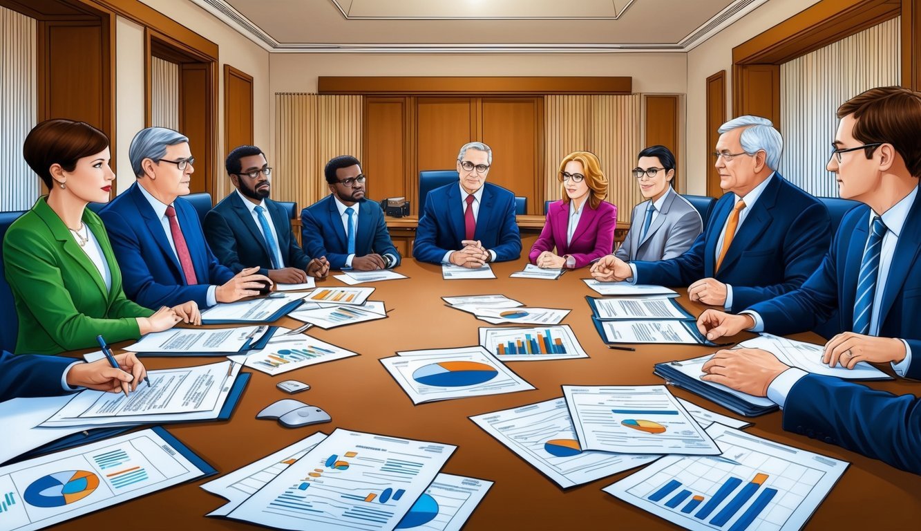 A boardroom meeting with diverse stakeholders discussing LBO protections, with legal documents and financial charts scattered across the table