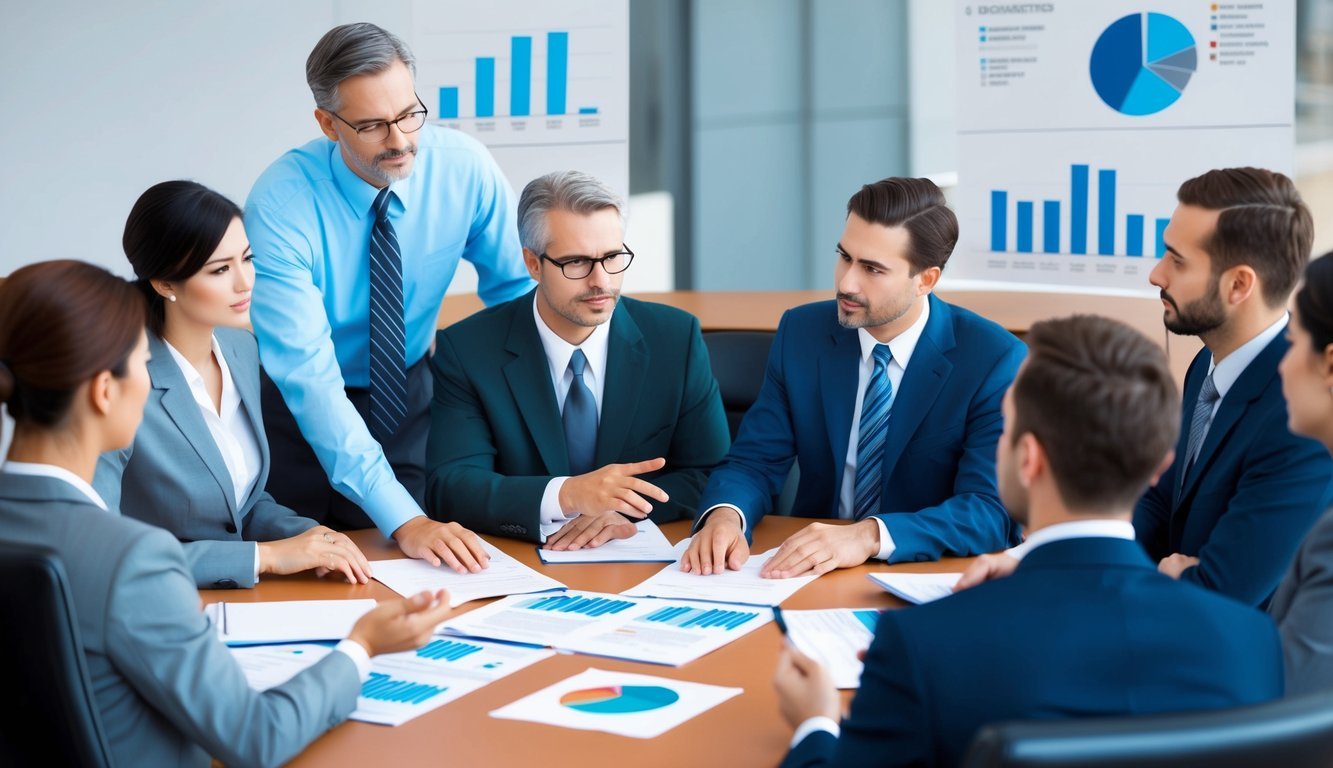 A group of business professionals discussing legal documents and financial charts in a boardroom setting