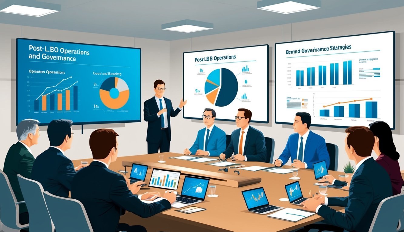 A boardroom meeting with executives discussing post-LBO operations and governance strategies.</p><p>Charts and graphs are displayed on a large screen