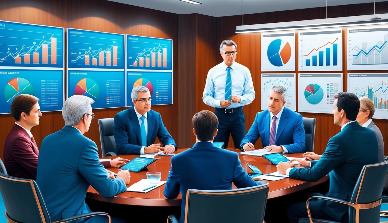 A boardroom meeting with executives discussing investment strategies and financial data charts on the wall