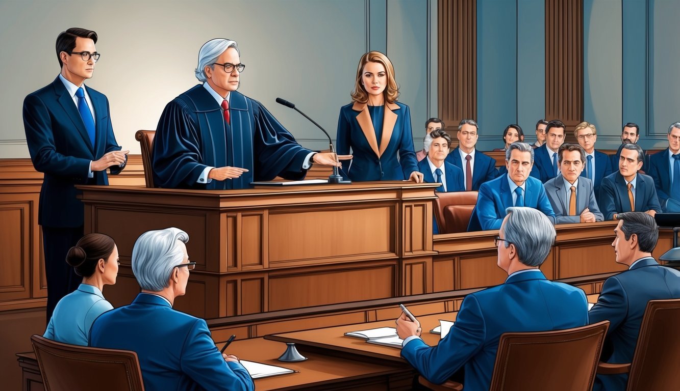 A courtroom with a judge presiding over a securities regulation case, lawyers presenting arguments, and a jury listening attentively