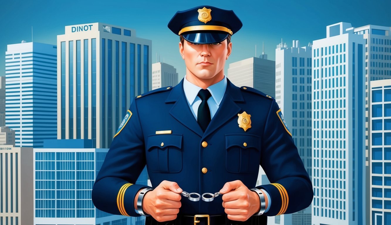 A stern-looking figure in a uniform stands before a backdrop of financial buildings, holding a badge and a set of handcuffs