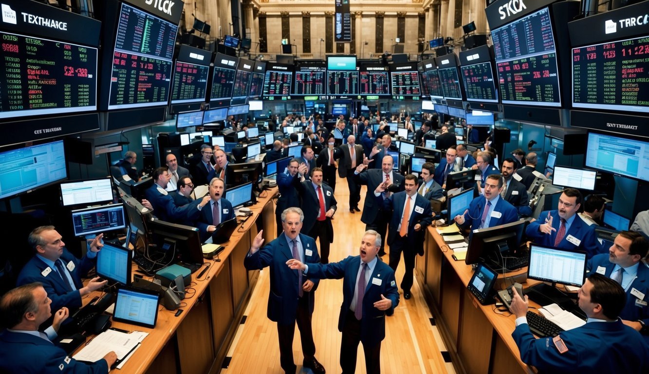 A bustling stock exchange floor with traders gesturing and shouting, surrounded by digital ticker screens and regulatory documents