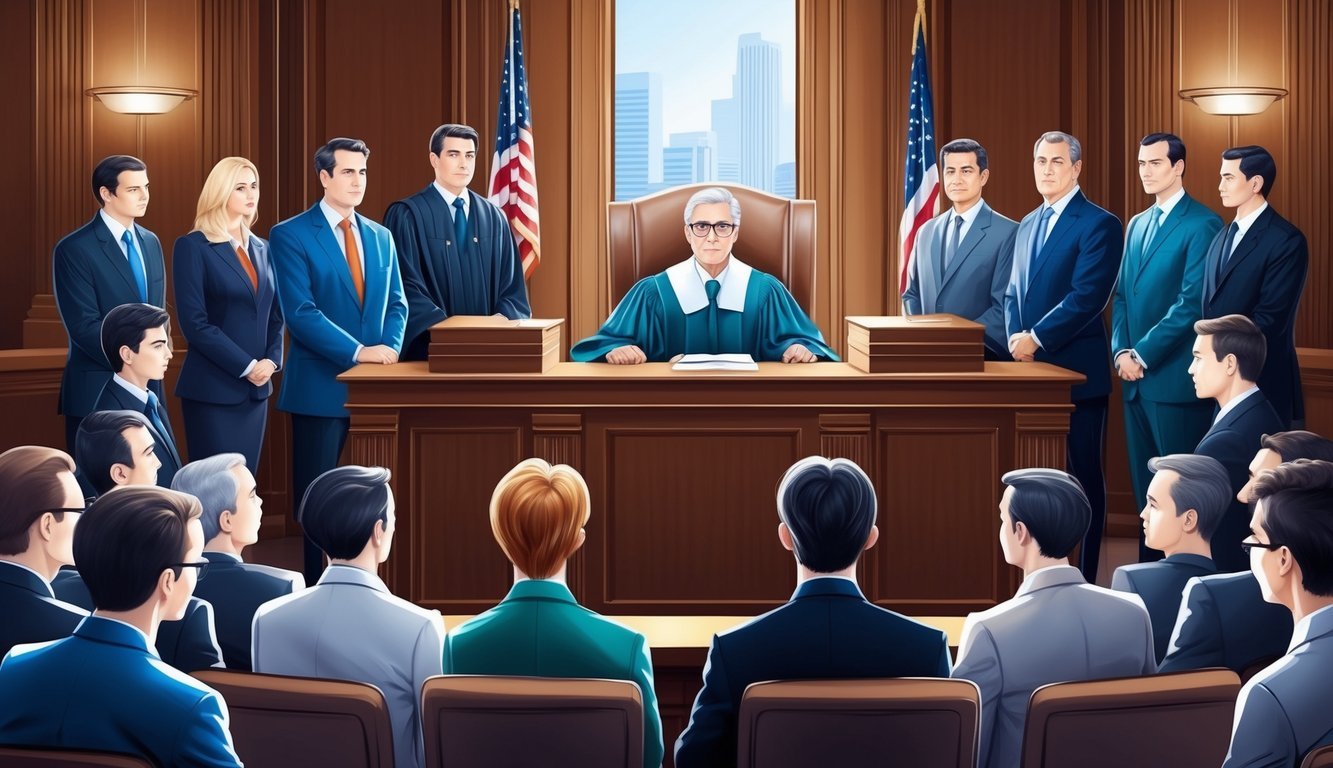 A courtroom scene with a judge, lawyers, and a group of investors, representing the enforcement of securities regulation