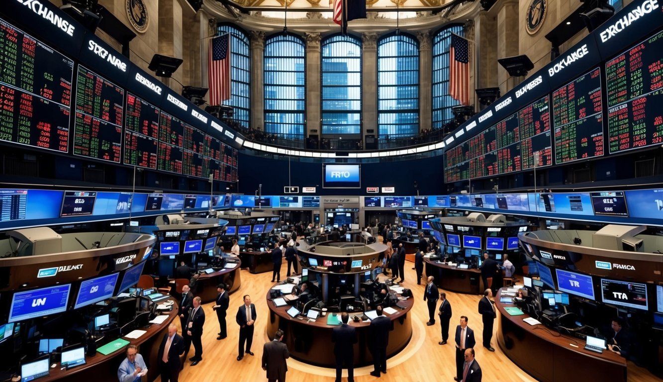 A bustling stock exchange floor with traders, screens displaying stock prices, and a backdrop of skyscrapers