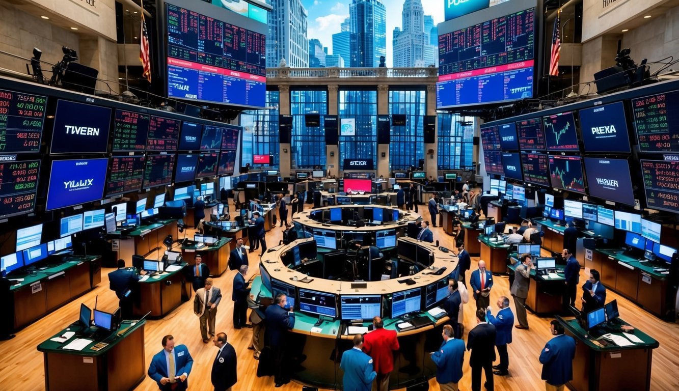 A bustling stock exchange floor with traders, screens displaying stock prices, and a backdrop of city skyscrapers