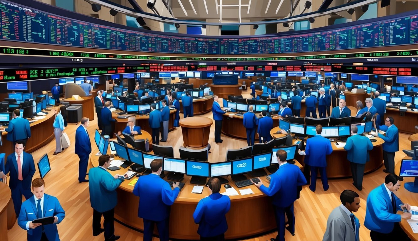 A bustling stock exchange floor with traders, screens, and ticker tape, showcasing the dynamic world of capital formation and private placements in securities