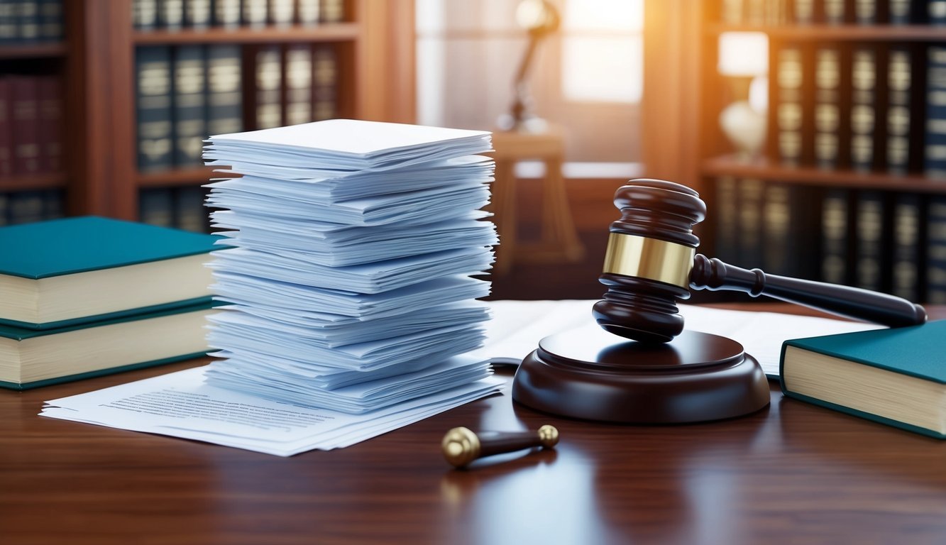 A stack of legal documents surrounded by books and a gavel on a wooden desk