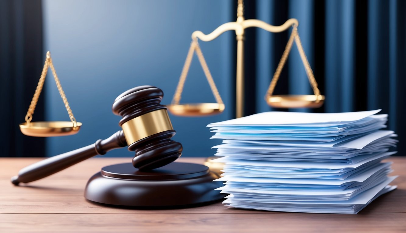 A stack of legal documents with a gavel and scales of justice in the background