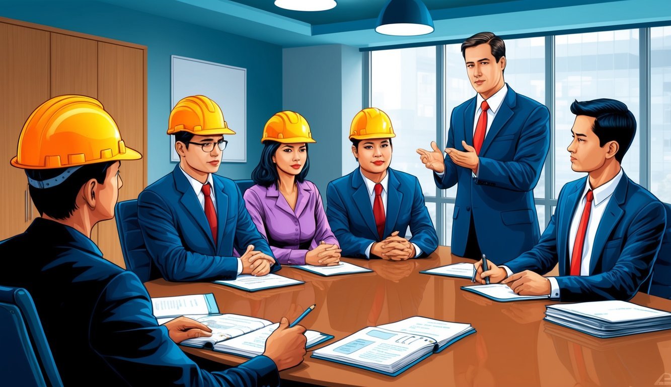 A group of workers and a manager discussing labor laws in a conference room