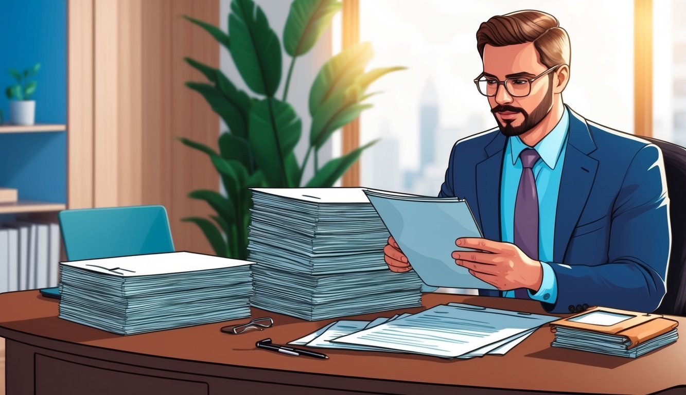 A manager reviewing a stack of legal documents at a desk