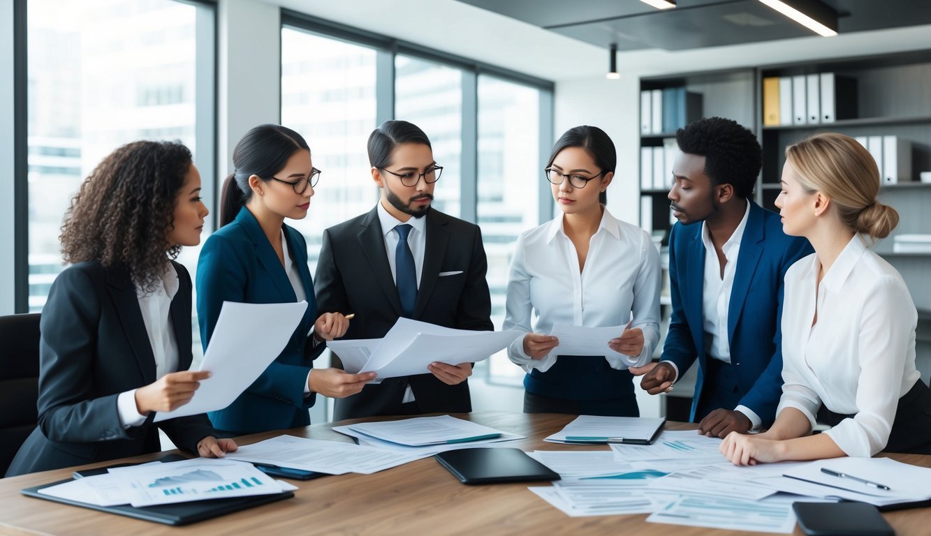 A group of professionals discussing financial documents and legal papers in a modern office setting