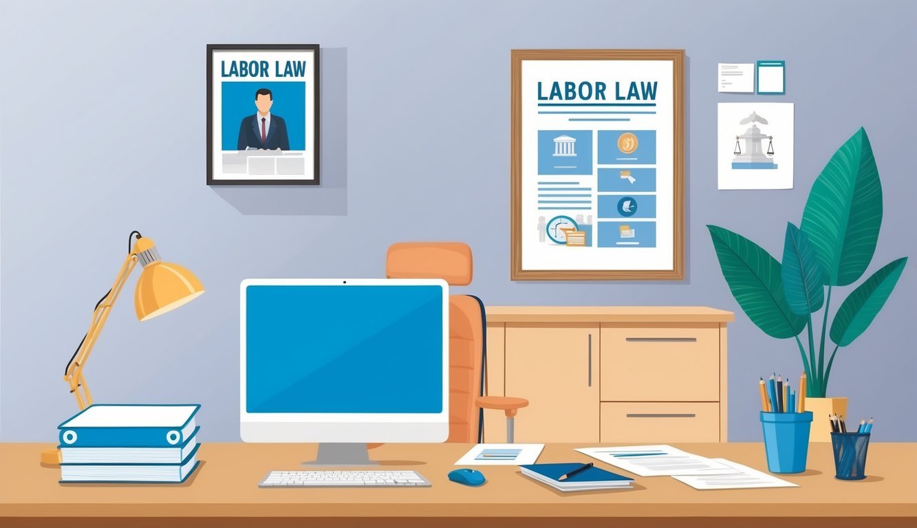 An office desk with a computer, paperwork, and a framed labor law poster on the wall