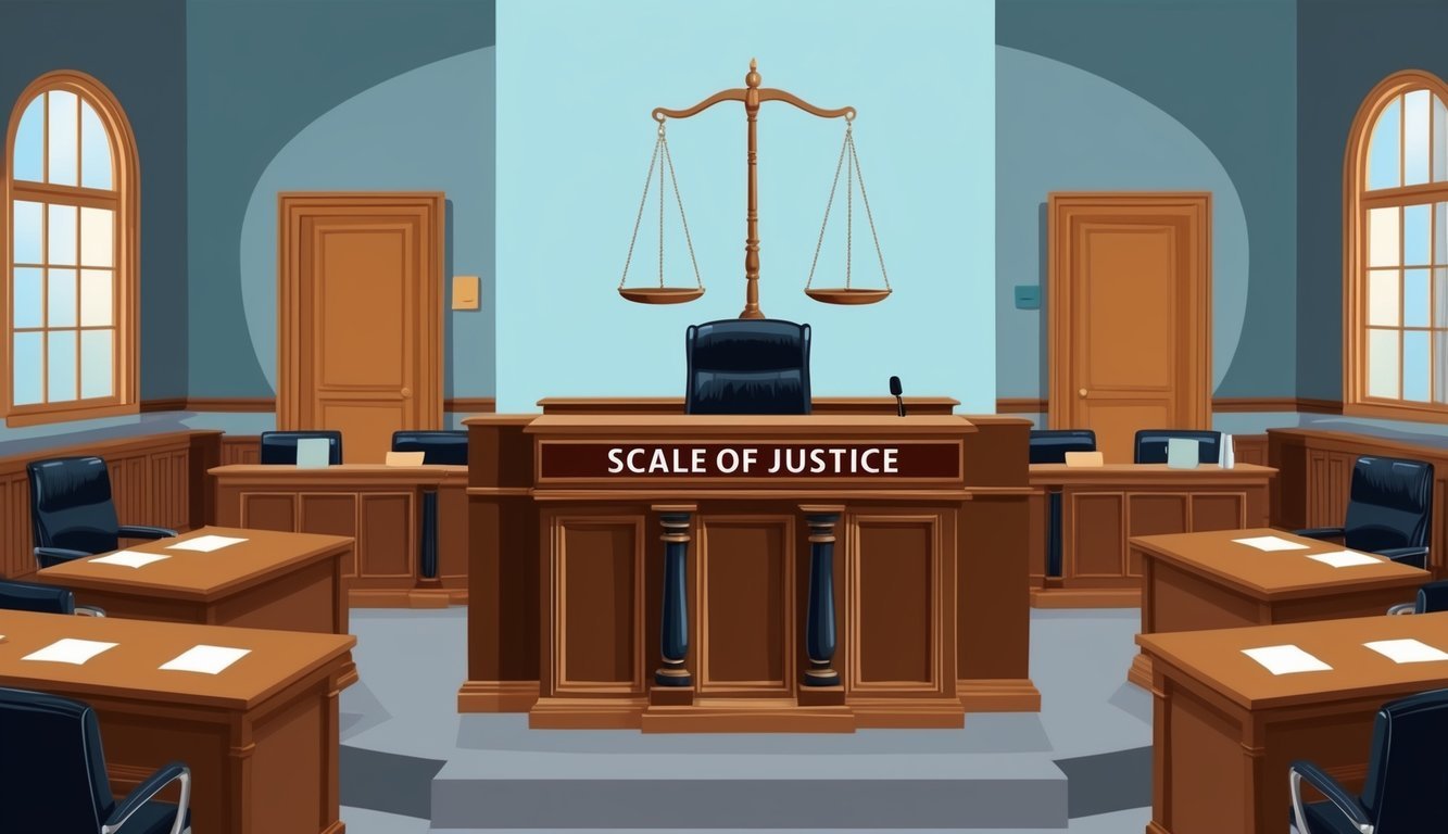 A courtroom with a judge's bench, witness stand, and lawyers' tables.</p><p>A scale of justice is prominently displayed