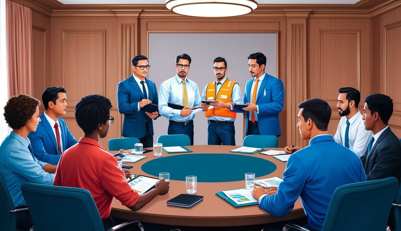 A group of workers and management discussing labor law and financial operations in a conference room