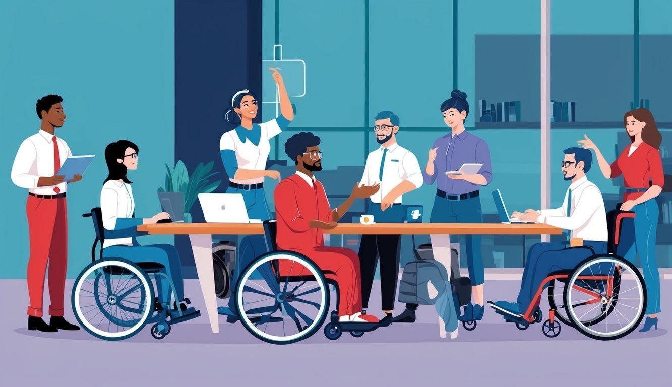 A diverse group of workers with various physical abilities collaborate in an inclusive and accessible workplace environment