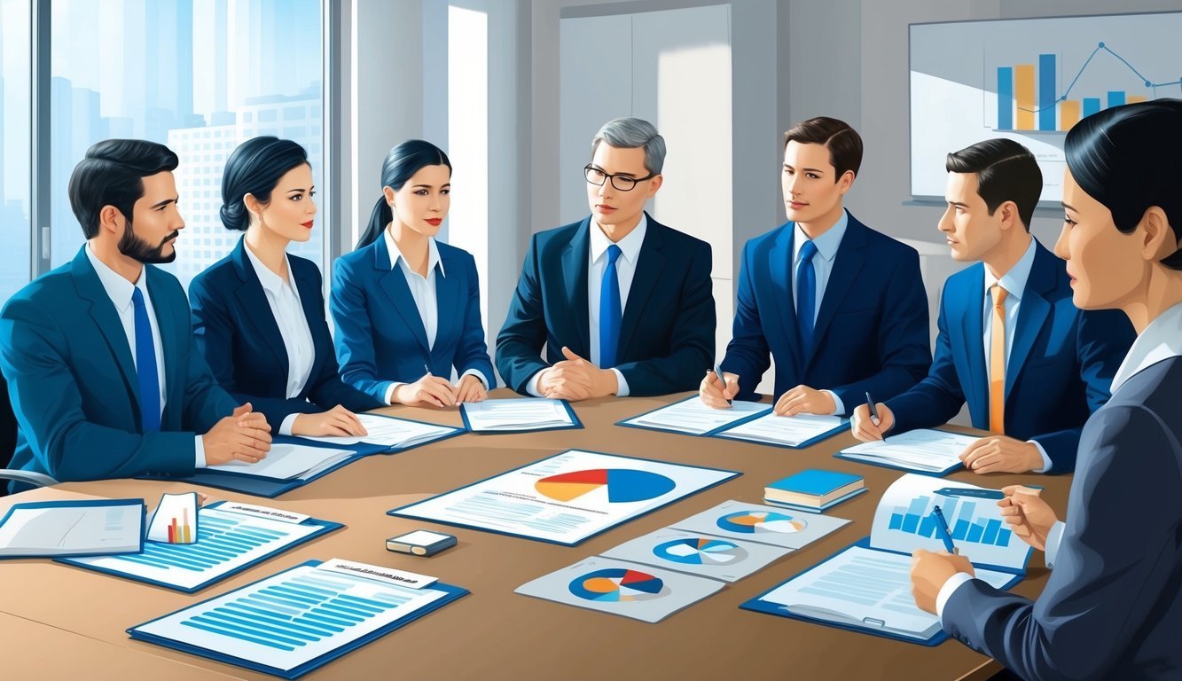 A group of business professionals discussing labor laws in a conference room with legal documents and charts spread out on the table