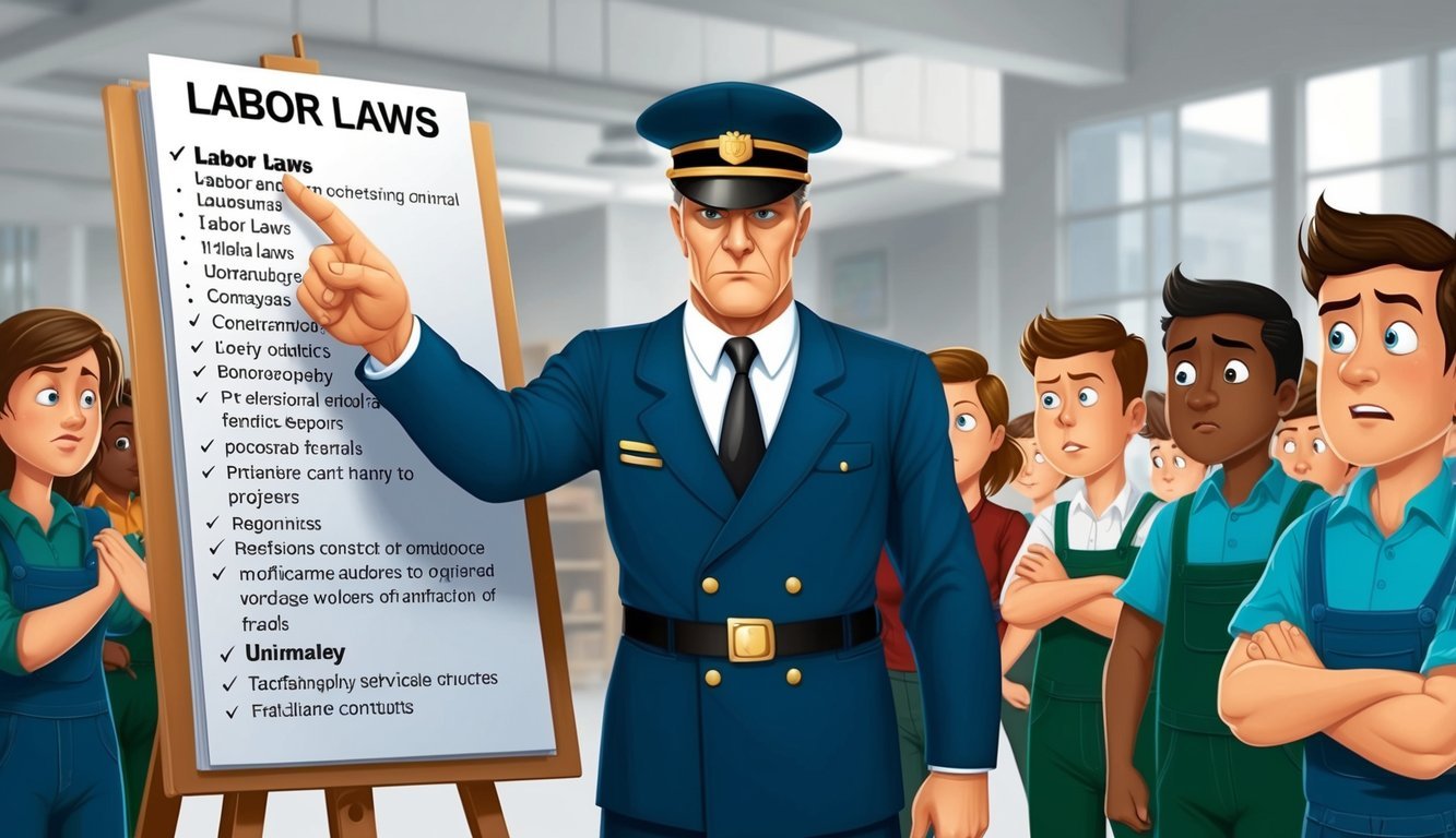 A stern figure pointing to a list of labor laws, while workers look on anxiously